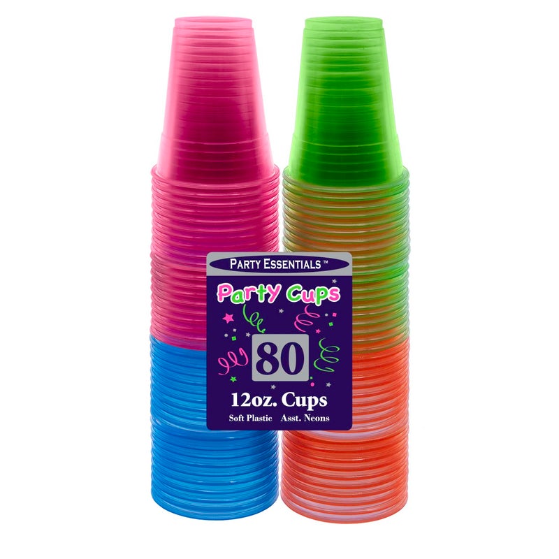 Party Essentials Soft Plastic 12-Ounce Party Cups/ Tumblers, Assorted Neon, 80-Count - Image 4